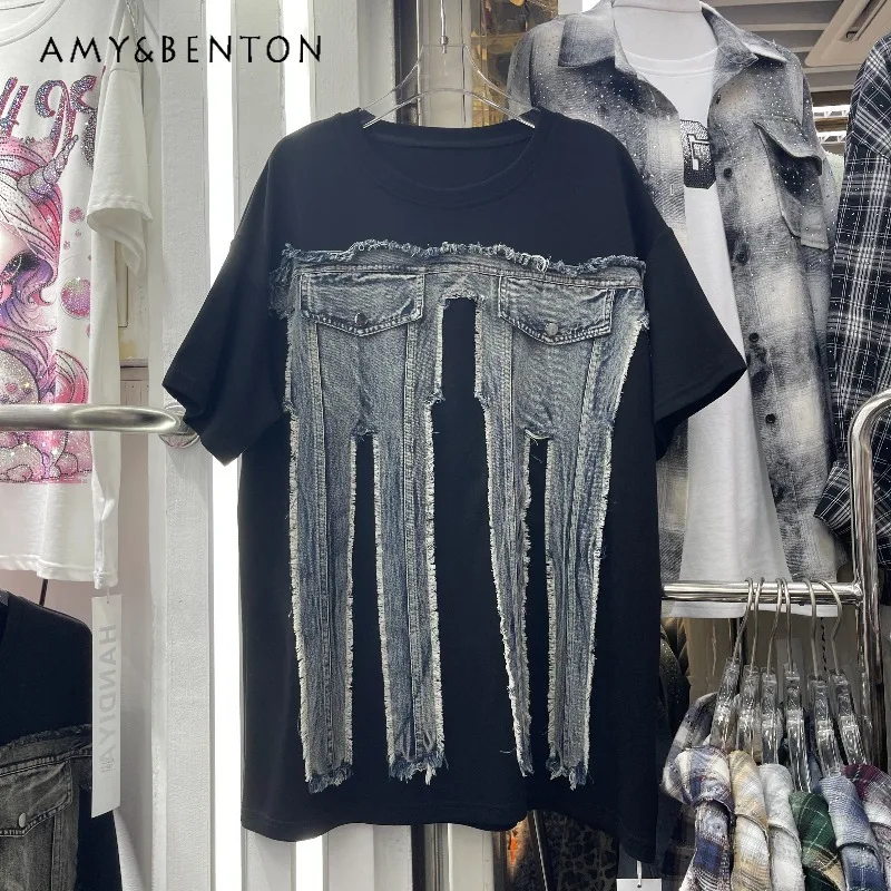 

European Style Women's T-shirts 2026 Spring Summer New Arrivals Personalized Washed Denim Patchwork Cotton Loose Mid-length Tees