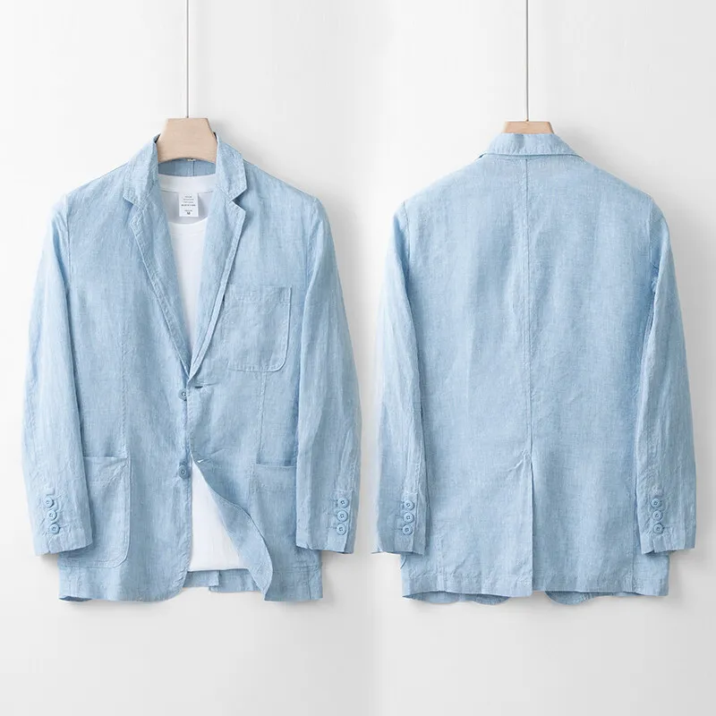 2025 Summer New Men's Linen Casual Suit Top Solid Color Lightweight Breathable Luxury Cotton Hemp Top 100% Linen Fabric