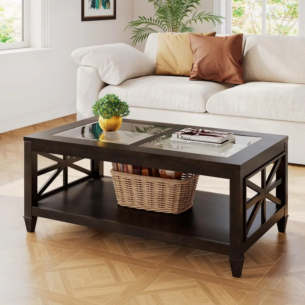 

Solid Wood Rectangle Coffee Table with Tempered Glass 2-Tier Wooden Cocktail Table Rustic Country Large Dual Glass Center Table
