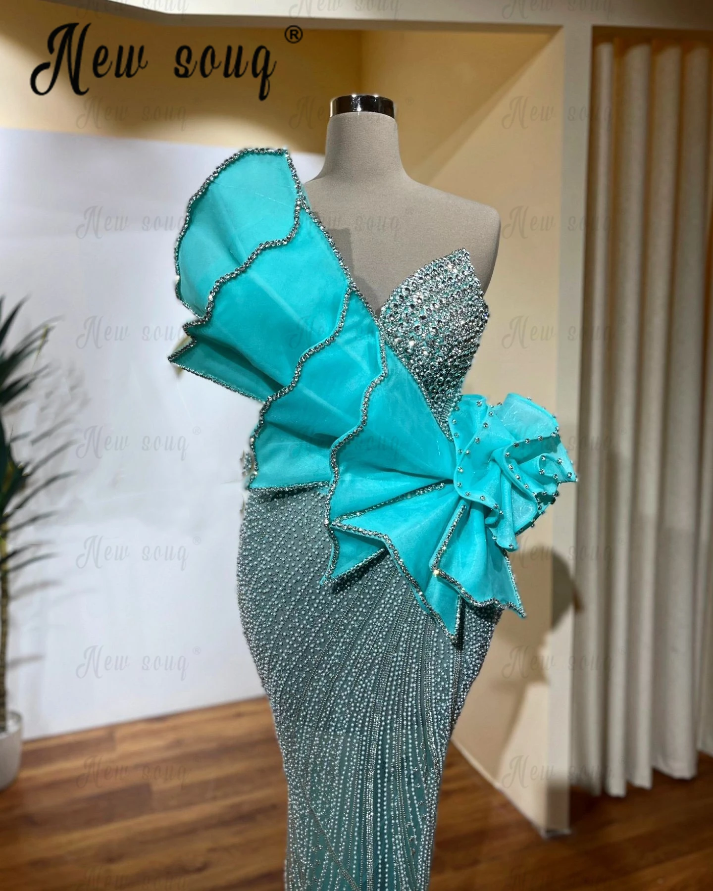 One Shoulder Sparkling Mint Green Party Dress 3D Leaves Prom Dresses Dubai Women Robes De Soirée Vestidos De Fiesta Elegantes