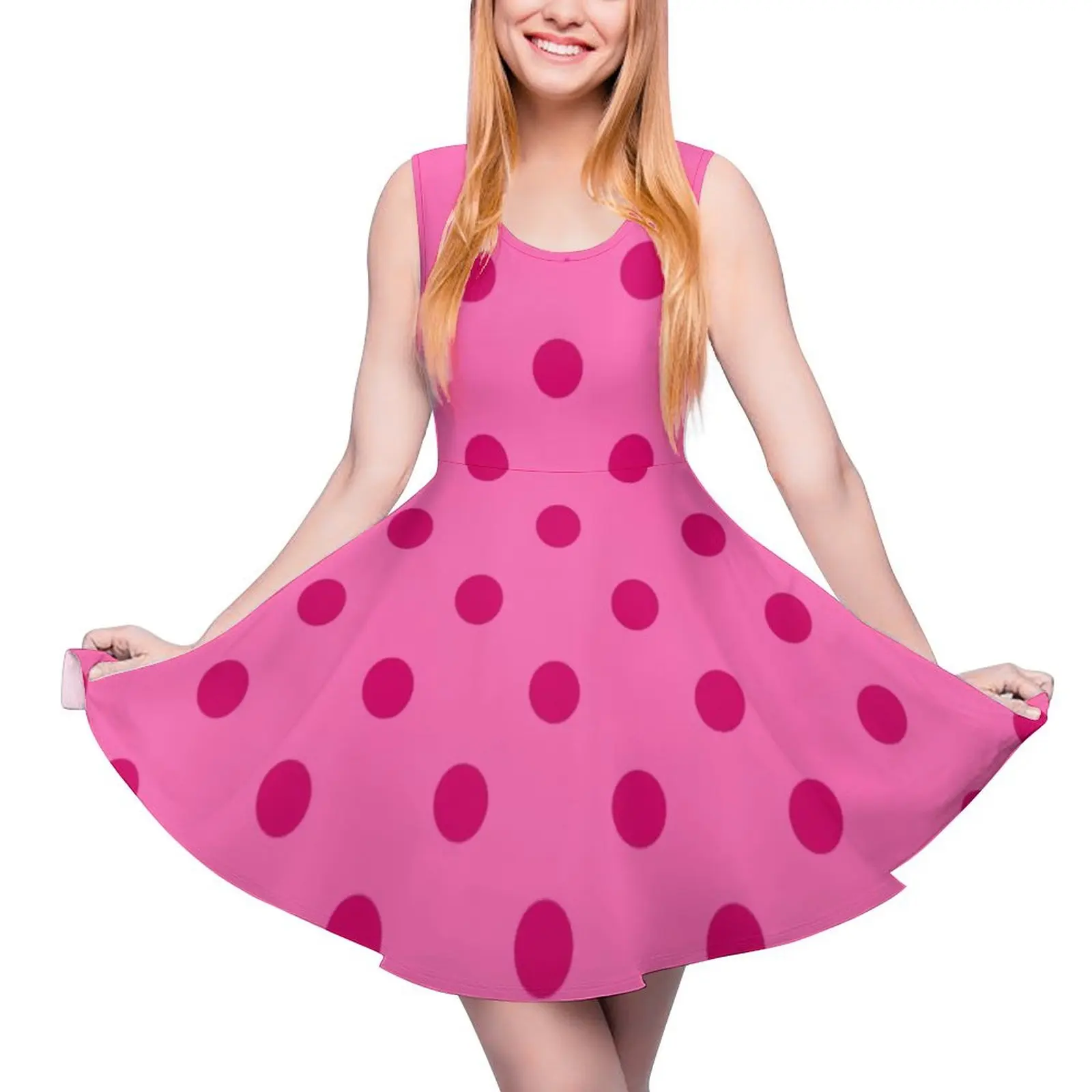 

Large Dark Hot Pink Polka Dots on Light Hot Pink Sleeveless Dress dress korean style Women"s summer skirt