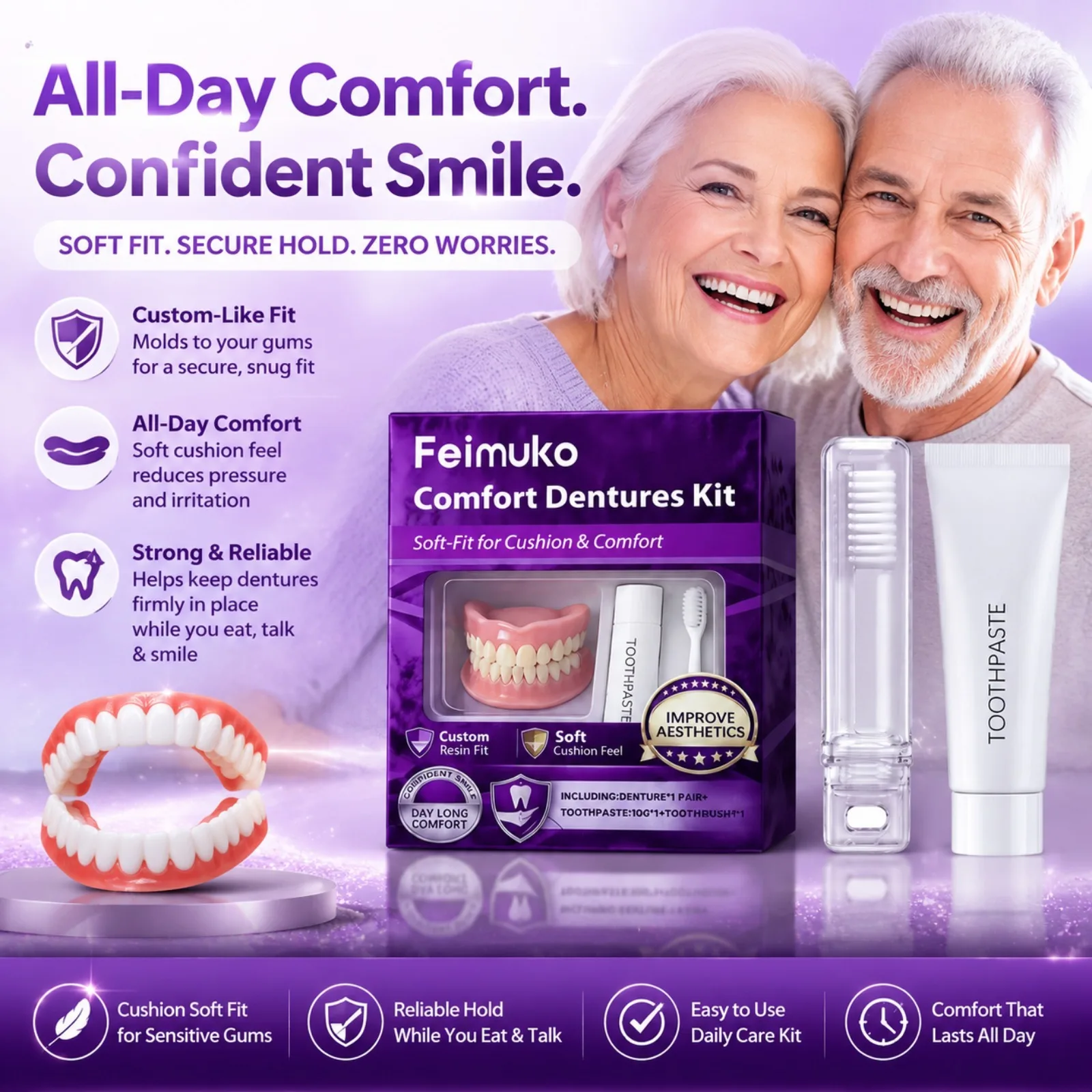 Comfort Dentures Kit Soft Fit Resin Cosmetic Teeth Cover Smile Enhancement With Toothpaste Toothbrush Daily Care Set