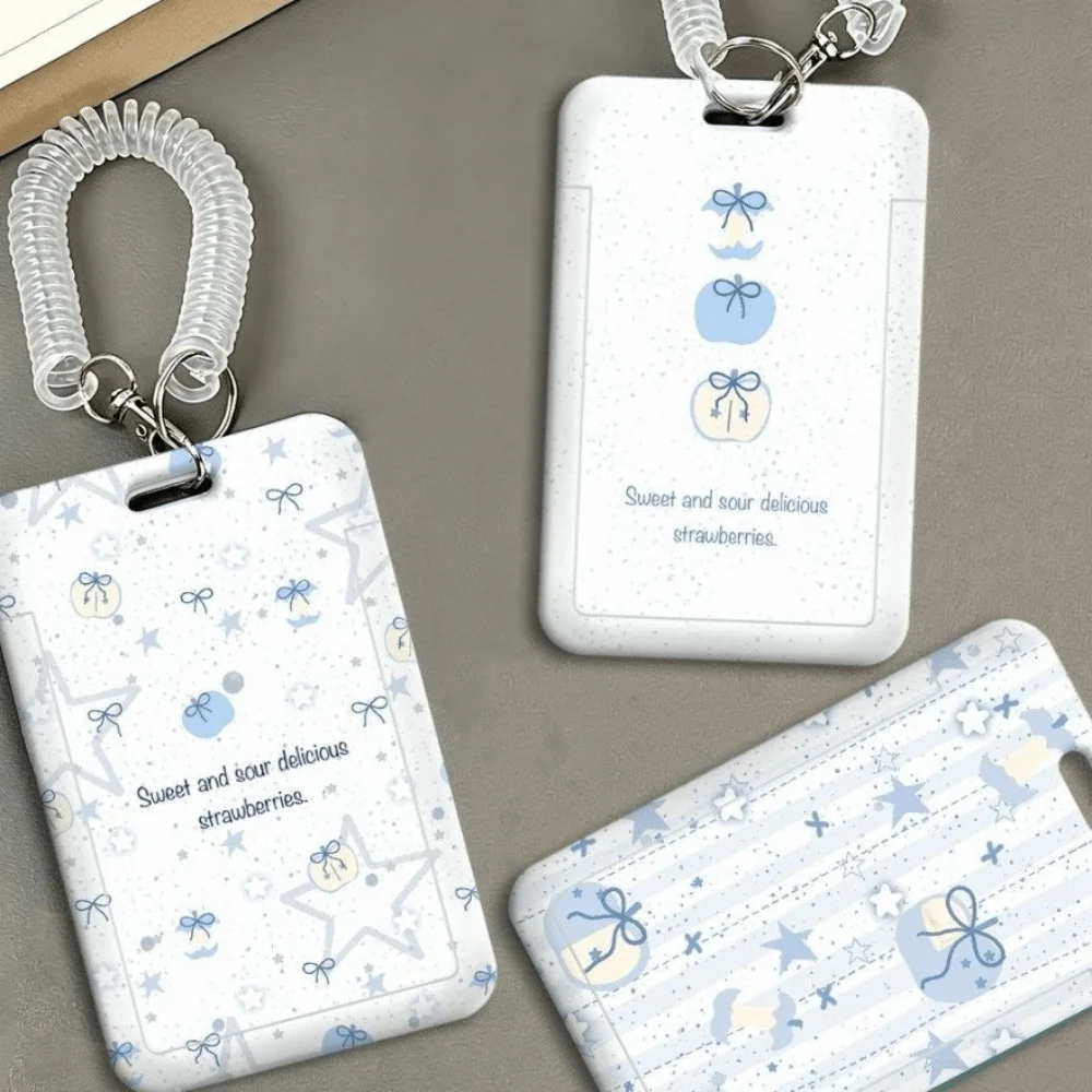 Hard Plastic Card Holder Polka Dots Slide Cover Student Id Card Case Blue Star Pattern with Wrist Lanyard ID Badge Holder