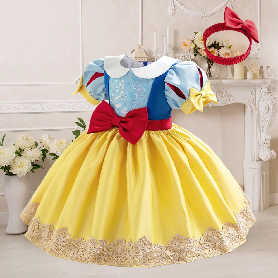 Girls Snow White Princess Costume Short Sleeve Bow Lace Hem Ball Gown Kids Birthday Party Halloween Stage Fancy Dress ASQ03