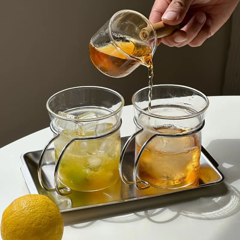 Creative Transparent Glass Cup Simple Stainless Steel Handle Ice Cream Cup Luxury Modern Multifunctional Convenient Drinkware