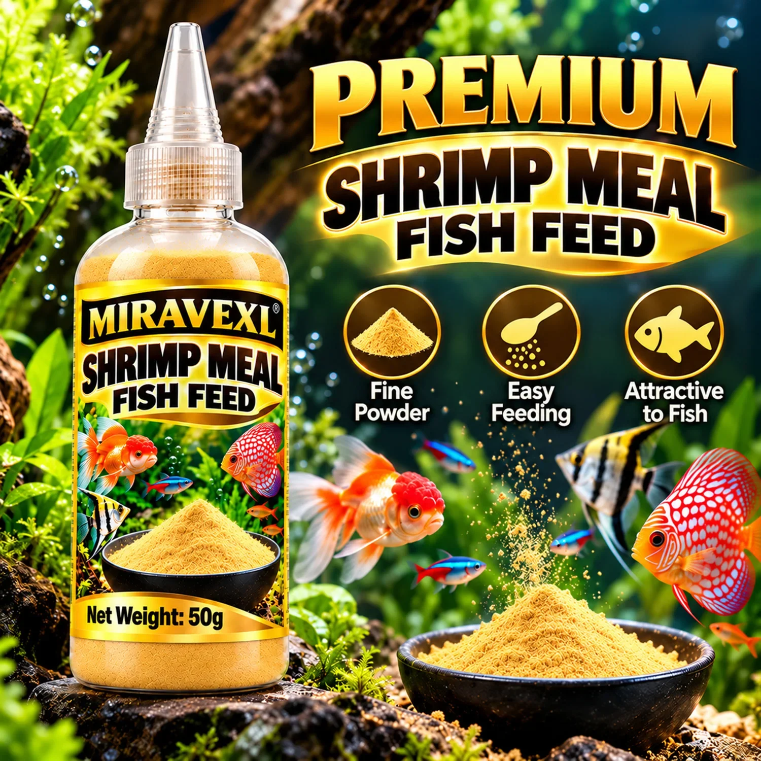 MIRAVEXL High Protein Shrimp Powder Fish Food for Betta Goldfish Discus Tropical Aquarium Feed Color Enhancing with Spoon Tube