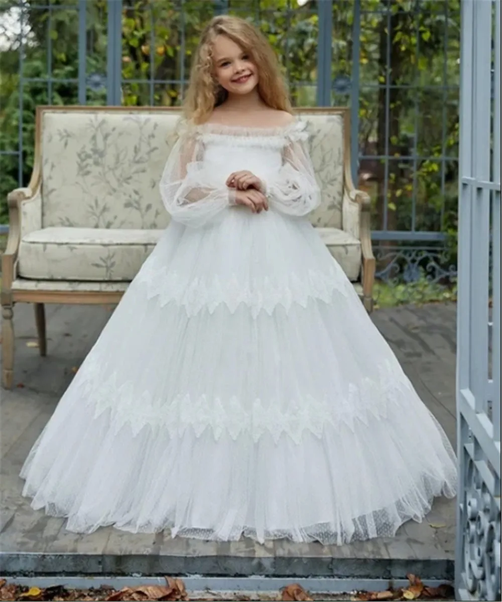 

Simple Flower Girl Wedding Dress Long Sleeve Elegant Beading Straight Neckline Princess Birthday Prom Dress First Communion Gown