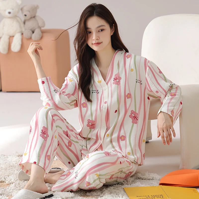 MiiOW Women's Sweet Print Cute Bears Pajamas Set Autumn Winter Y2K Cute Two Piece Sleepwear Long Sleeve Top and Pants Loungewear