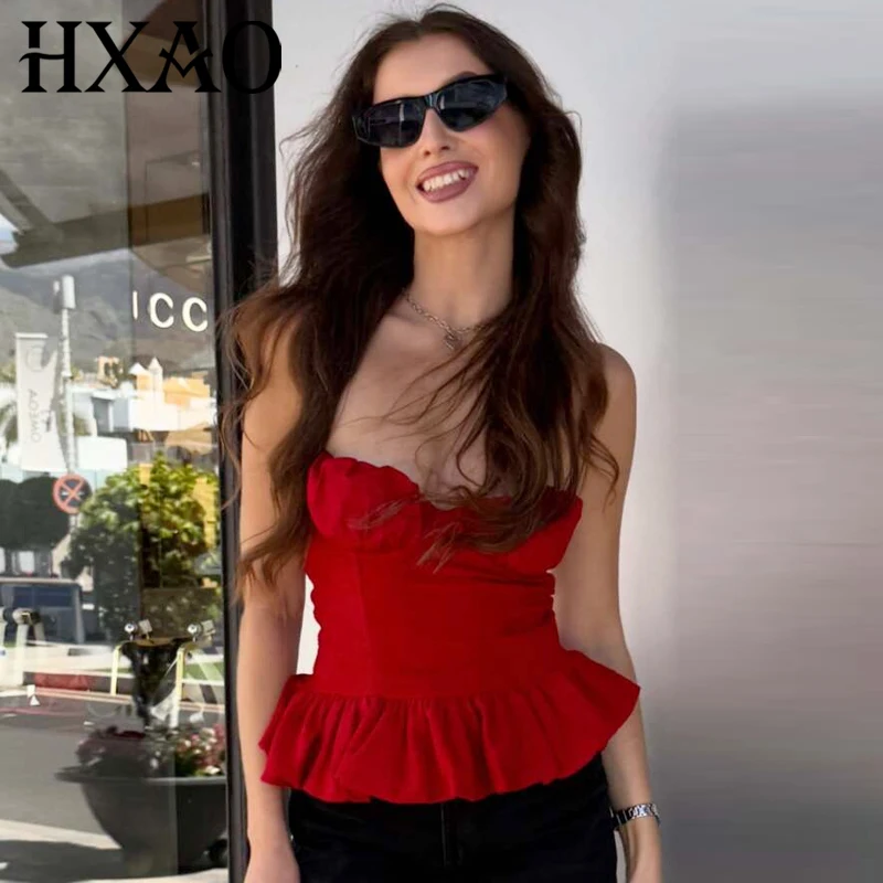 HXAO Halter Crop Top Damen Sommer 2026 Sexy Rotes Gerüschtes Camisole Bustier Ärmelloses Rückenfreies Top mit Trägern Streetwear Cami Top