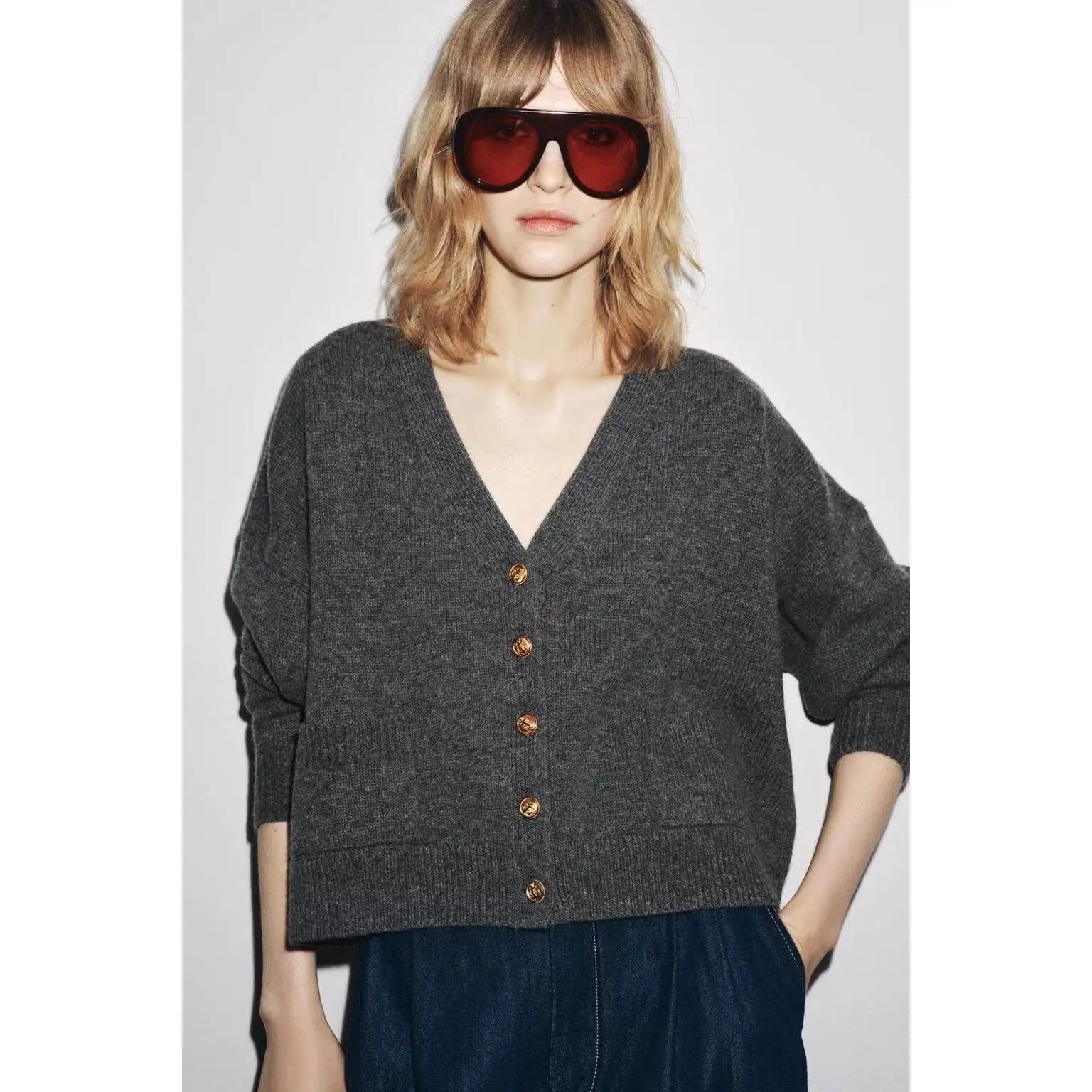 ZBZR Otoño Nuevo Cárdigan de Punto de Manga Larga para Mujer, Cuello en V, Deco con Botones, Color Do, Cálido, de Fib...