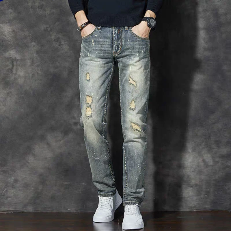 

Vintage Fashion Trend Autumn Jeans Men Zipper Pockets Washed Hole Pasting Cloth Korean Casual Elastic Slim Straight Pencil Pants