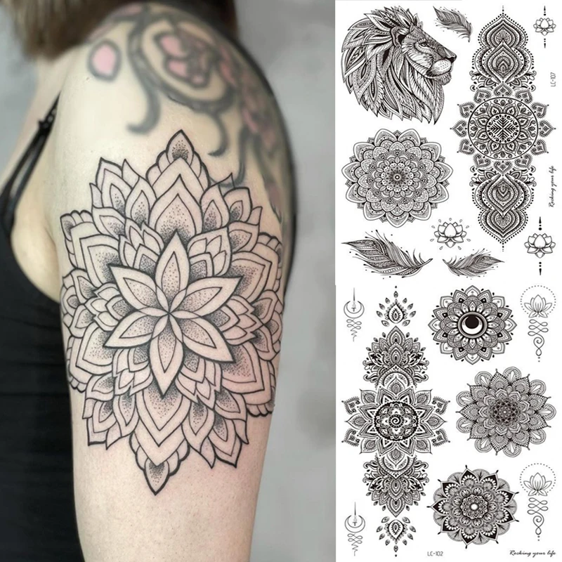 Waterproof Black Temporary Tattoo Stickers Arm Chest Water Transfer Fake Tattoos Mandala Lion Feather Women Men Body Art Tatoo