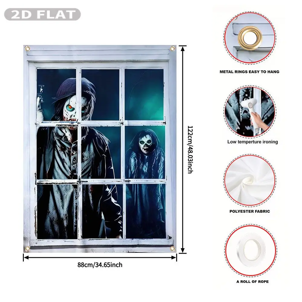 2D FLAT 1pc Party Banner, Halloween Window Cover with Scary Ghost Figures Behind Window Pane Print,122x88cm, Polyester