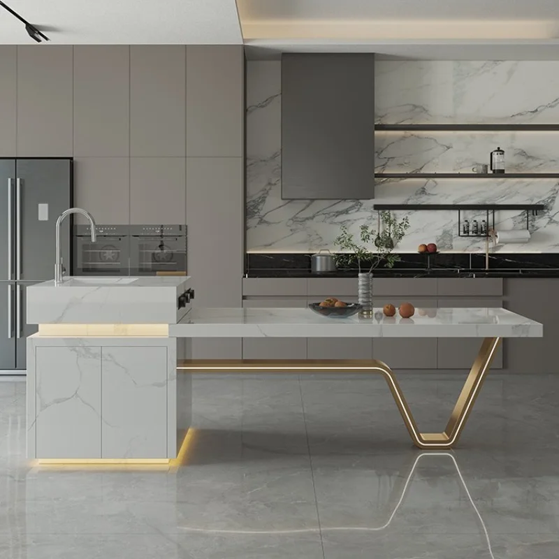 Luxury high-end island dining table with integrated lighting, kitchen, living room, multifunctional storage center guide
