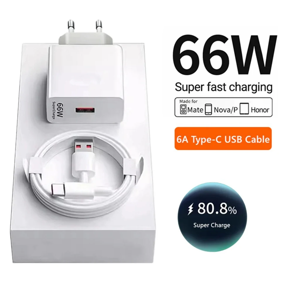 

66W 6A Super Fast Charger for Huawei Mate 40 50 60 P50 P60 Nova 9 10 Honor 90 100 Magic 5 Lite 6 Pro Type C Fast Charging Cable