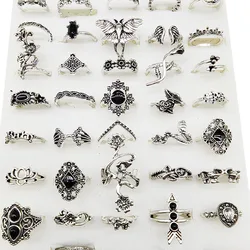 50pcs/lot Bulk New Mix Design Bohemia Vintage Rings For Women Black Enamel Metal Fashion Charms Party Gift Flower Finger Jewelry