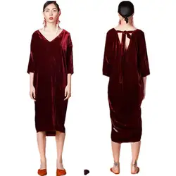 2026 Spring NEW women sexy deep V-neck three quarter sleeve velvet dress, plus size velour dress Elegant Party Dress