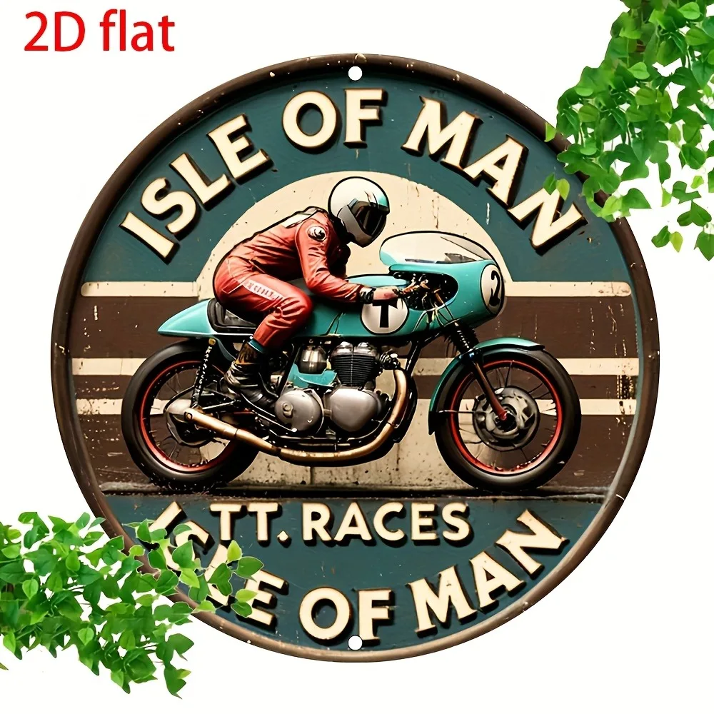 Vintage Isle of Man TT Races 2D ديكور معدني مسطح - لافتة ألومنيوم مستديرة مقاس 8 × 8 بوصة، لوحة موضوع سباق مقهى المرآب