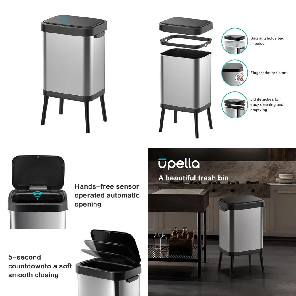 

Stainless Steel Touchless Sensor Trash Can, 10.5 Gallon Capacity, Wide Rectangular, Brushed Finish, Automatic Lid, Raised Legs f