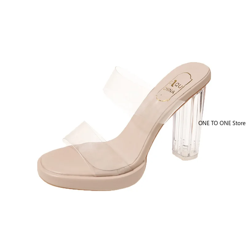 Tacones altos de talla grande 42 para mujer, novedad de verano 2021, mesa impermeable con una línea, pies no cansados, zapatillas gruesas de cristal, zapatos de mujer