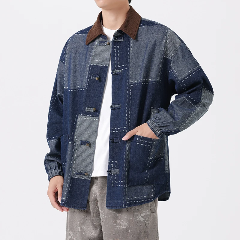 

2024 Chinese Style Distress Denim Jacket Men Clothing High Quality Vintage Casual patchwork Coat Harajuku Trend Blue Tops Male