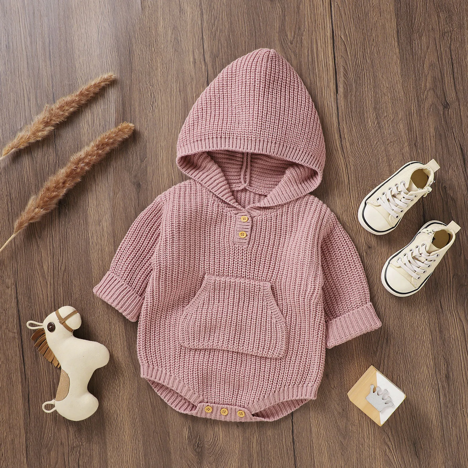 Baby Boy Clothes Autumn Newborn Infant Baby Girl Boy Solid Knit Sweater Hooded Romper Bodysuit Sweatshirt With Pocket Long