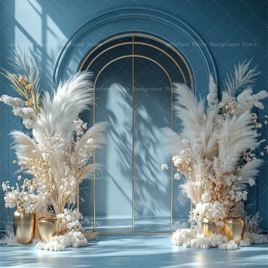 Mehofond Photography Background Fluffy White Reed Decorated Door Frame With Golden Lines Gentle Wind Decor Background Photozone