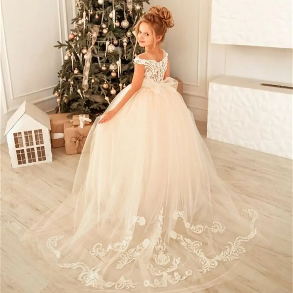 First Communion Gown Big Bow Long Sleeves Ball Gown White Bridesmaid Dress Girls Wedding Party Flower Girl Dresses Kids Pageant