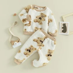 Infant Toddler Baby Boy Girl Long Sleeve Fleece Sweater Teddy Bear Pullover Fluffy Pants Set 2pcs Winter Clothes