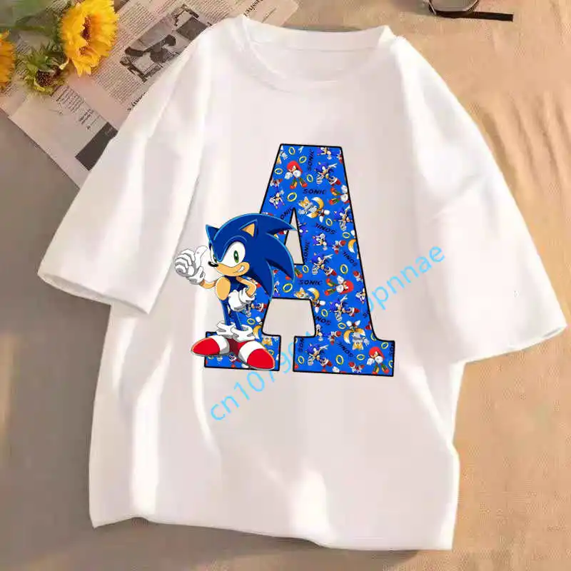 

2025 Kids Clothes Sonics White T-shirts for Children Cartoon English Letters A-Z Graphic T Shirts Boys Casual Short Sleeves Tops