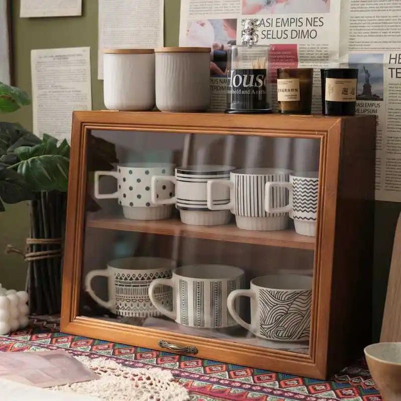 Retro Wooden Storage Basket Desktop Coffee Mug Water Cup Tea Set Display Rack Household Kitchen Countertop