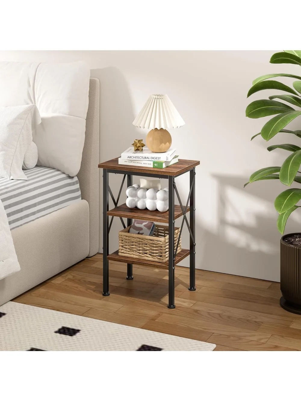 طقم طاولة نهاية بنية ريفية مكون من قطعتين، منضدة بتصميم X بطول 24 بوصة مع مساحة تخزين من 3 طبقات للمساحات الصغيرة وغرفة النوم وغرفة المعيشة