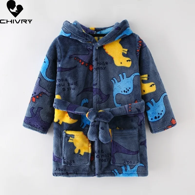 New Autumn Winter Kids Hooded Flannel Bathrobe Baby Bath Robes Boys Girls Cartoon Dinosaur Warm Pajamas Long Sleeve Towel Robe