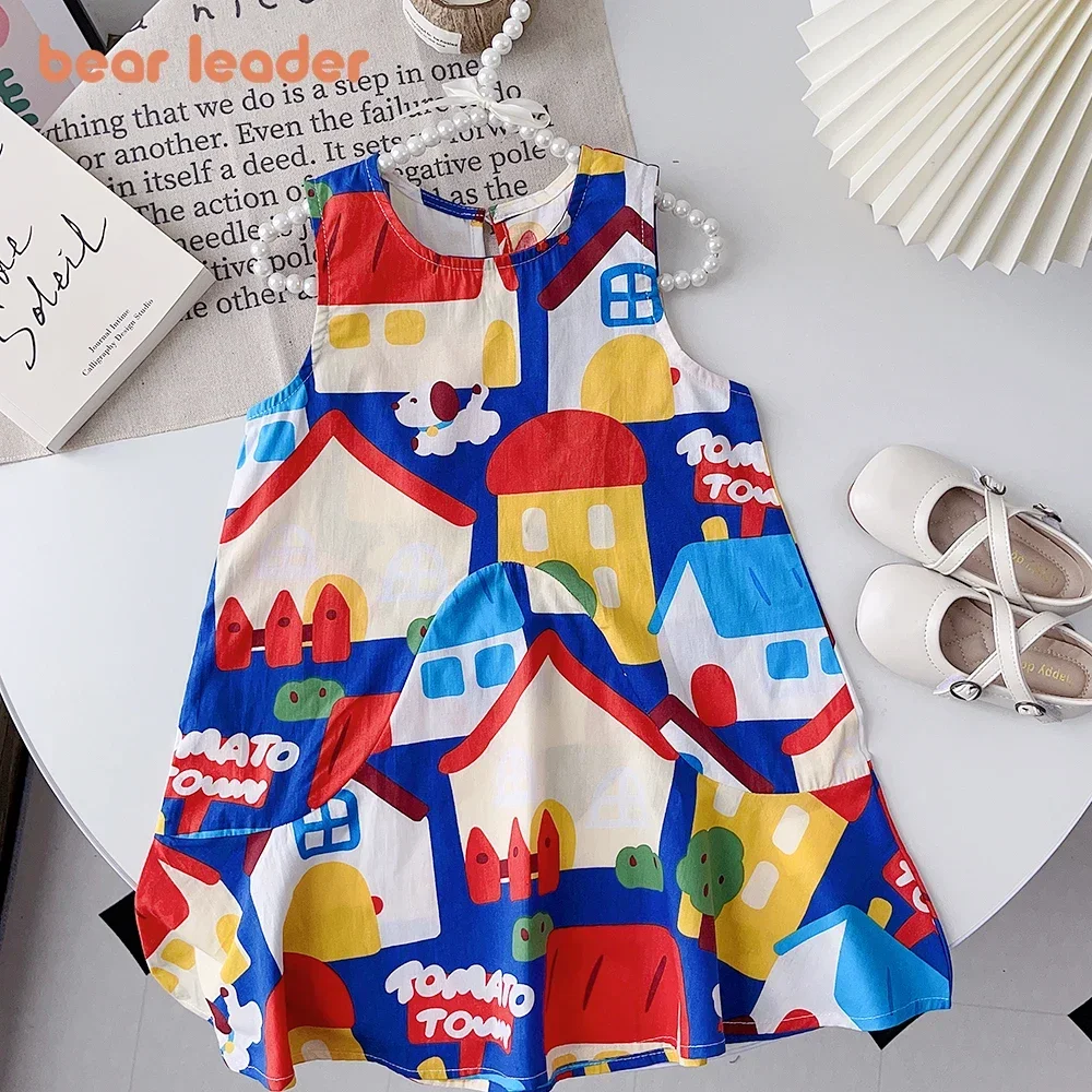 Bear Leader Girls Dresses 2023 New Girls Magnanimous Cartoon Pattern Print Sleeveless Tank Dress 3-14 Years Old Girls Clothing