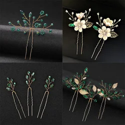 Bride Green Hairpins Wedding Hair Accessories Trendy Crystal U-shaped Alloy Hair Sticks Forks Girls Banquet Crowns Noiva Jewelry