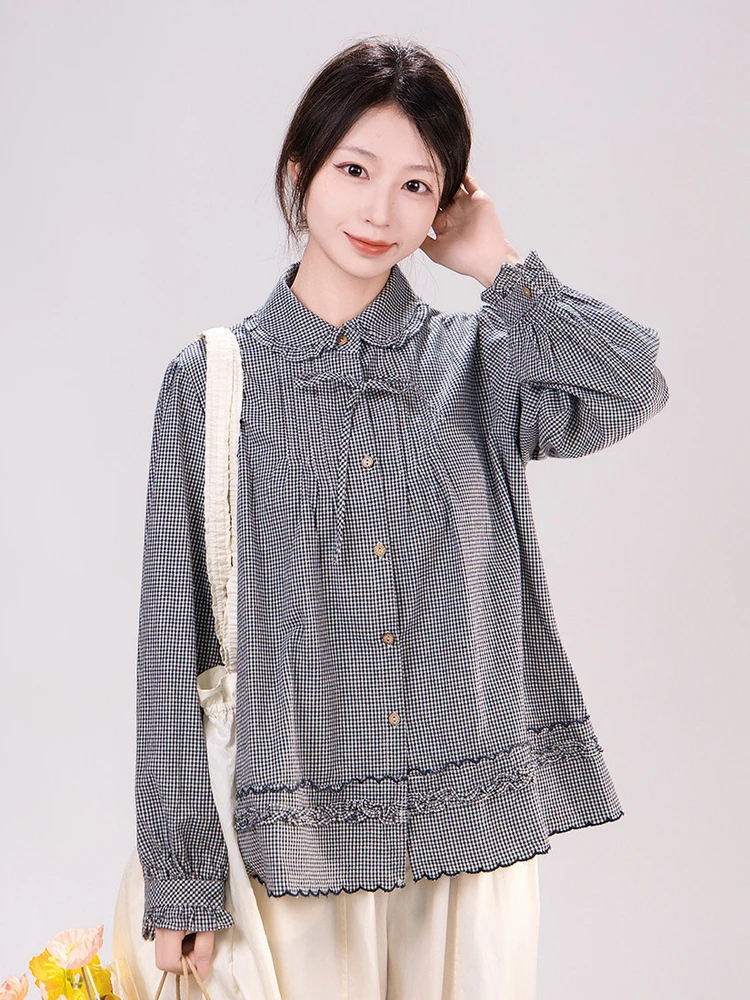 

Artisanal Style Long Sleeve Doll Collar Black White Plaid Shirt Women Spring Sweet Style Loose Fit Cotton Gingham Shirt