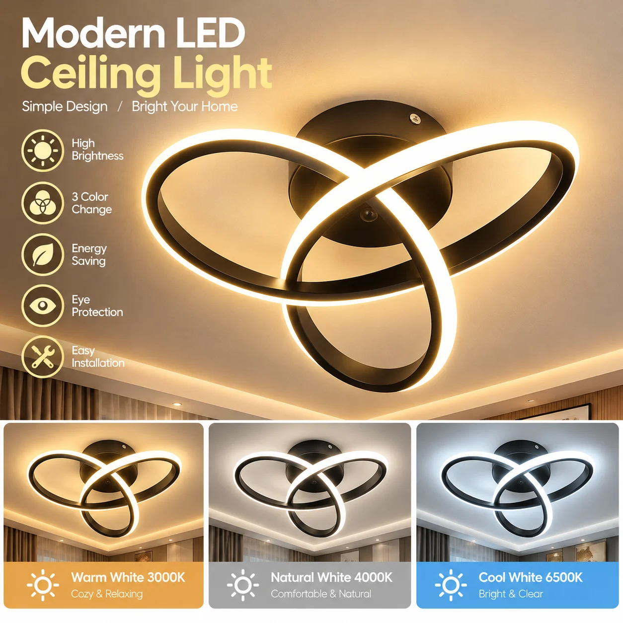 Modern LED Ceiling Light Silver Metal Texture Clover Line Design Suitable For Bedroom Hallway Kitchen Entrance Lighting Fixtures