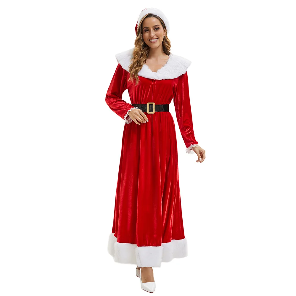 Christmas Cosplay Santa Claus Costume Red Dress Hooded Belt Suits Festival Theme Party Role Playing Outfit Adult Women