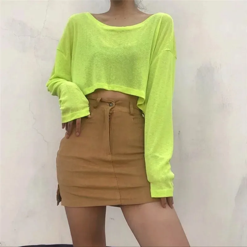 

Woman Retro O-neck Cotton 2023 New Green Black White Blue Thin Hedging Round Neck Loose Long-sleeved T-shirt Crop Top Women