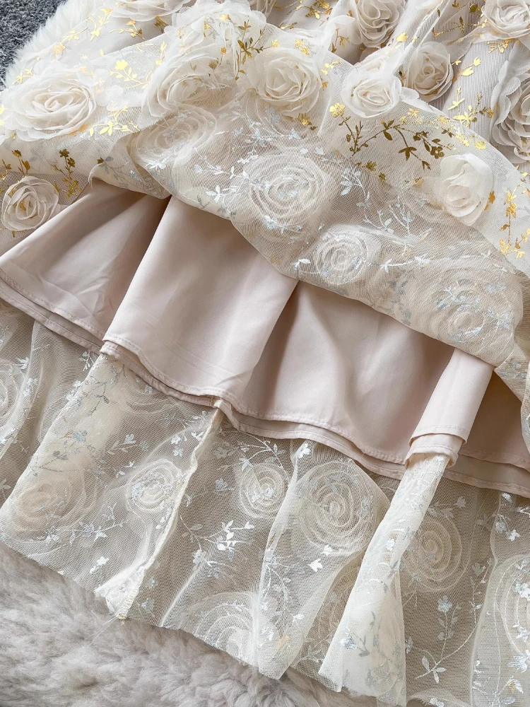 2025 French Elegant Luxury High End Evening Dress Women Flying Sleeve  Sashes 3D Flower Ruffle Party Dress Casual Chic Clothing
