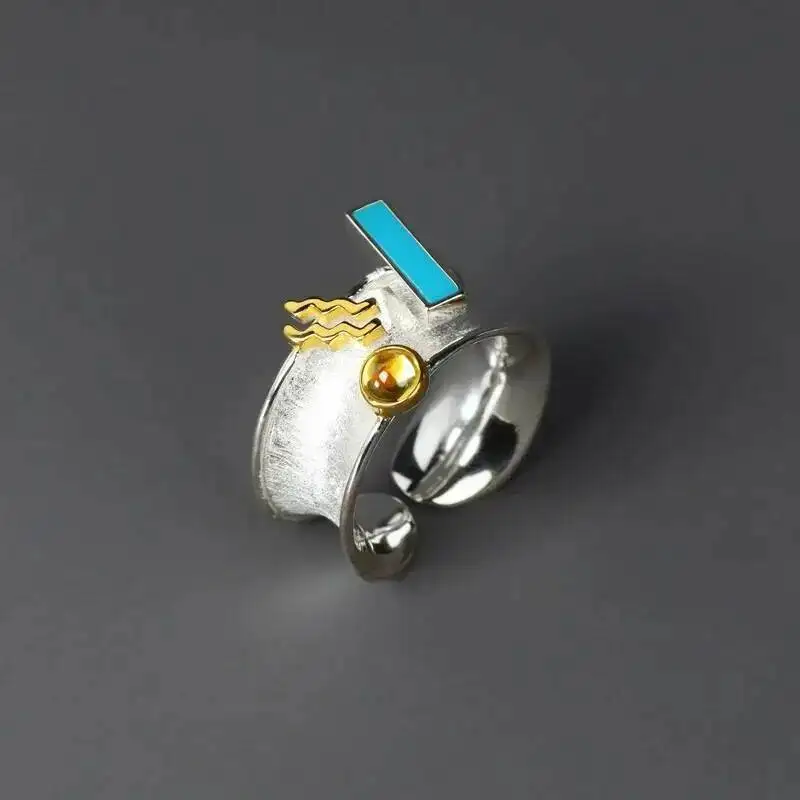 GEEZENCA 925 Sterling Silver Two Tone Colorful Zircon Wide Rings For Women Designer Chic Geometric Cocktail Ring 2023 New Gift