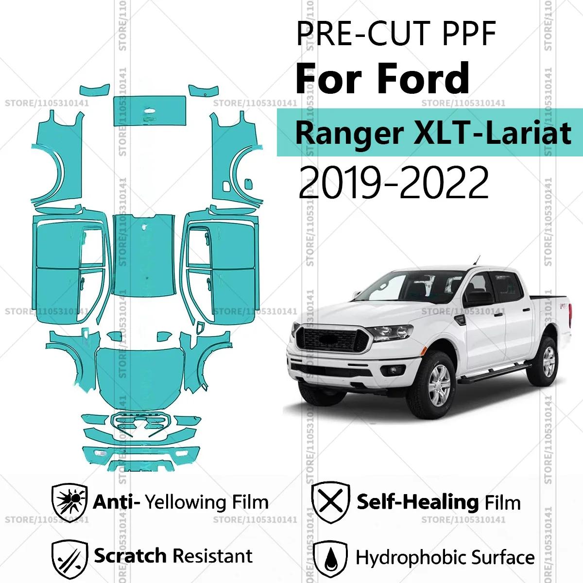 

Предварительно нарезанная защитная пленка PPF, прозрачная автомобильная пленка для полной защиты кузова Ford Ranger XLT-Lariat 2019-2022