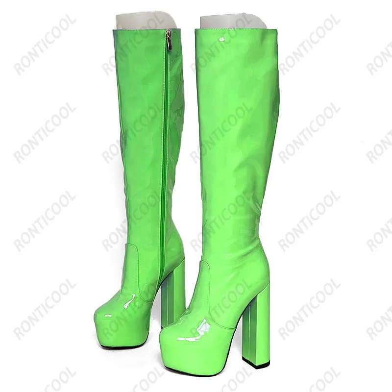 Ronticool, fotos reales, botas hasta la rodilla de invierno para mujer, tacón de bloque oculto impermeable, punta redonda, bonitos zapatos violeta para discoteca, talla grande de EE. UU. 5-20