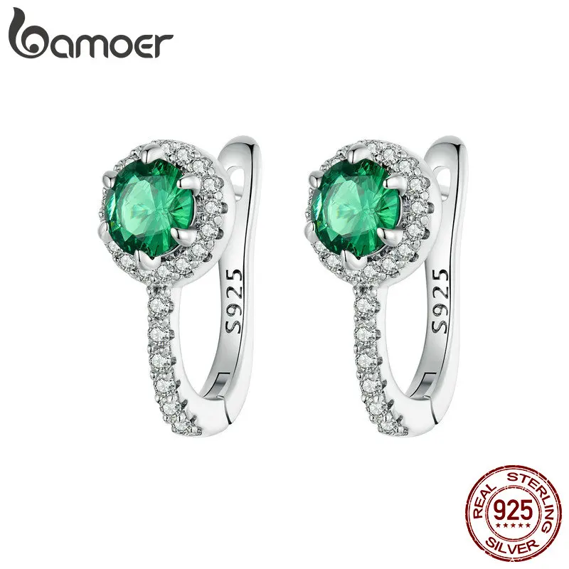 BAMOER Platinum Plated Green Cubic Zirconia 925 Sterling Silver Hoop Earrings, Elegant Solitaire Round Huggie Fashion Earrings