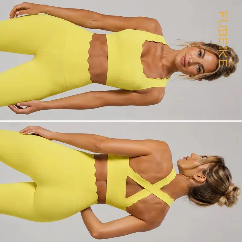 Wave Lace Yoga Wear For Women Sleeveless Sports Fitness Women's Underwear Sexy Outfits Cross Back Yoga Bra Compression Shirts