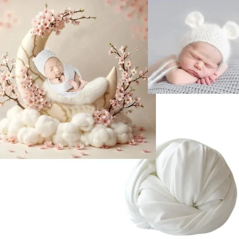Set fotografico per neonato in 2 pezzi - Avvolgimento elastico 40x150 cm e cappello con orecchie di gatto - Kit di oggetti di scena per fotografia in cotone per bambini