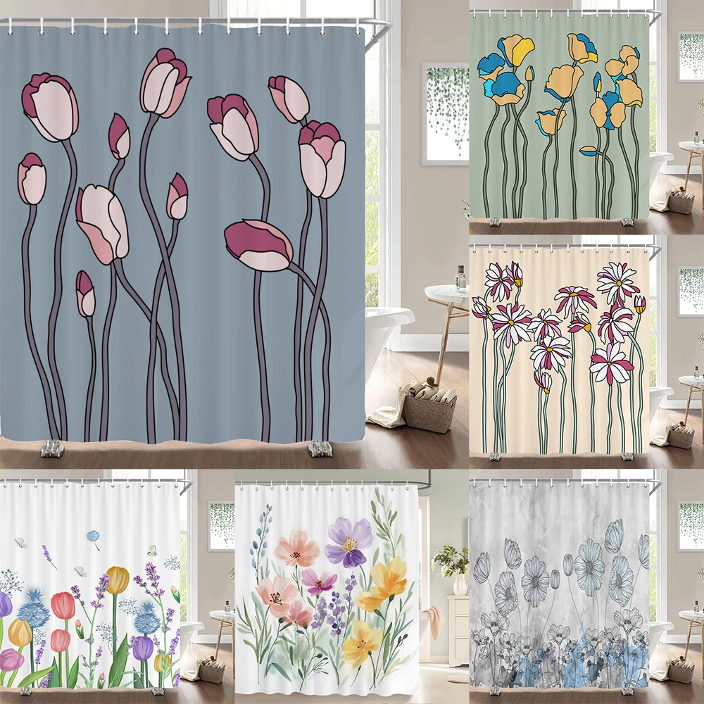 

Floral Flowers Shower Curtain Print Waterproof Shower Curtain Nordic Minimalist Polyster Home Decor Bathroom Curtain with Hooks