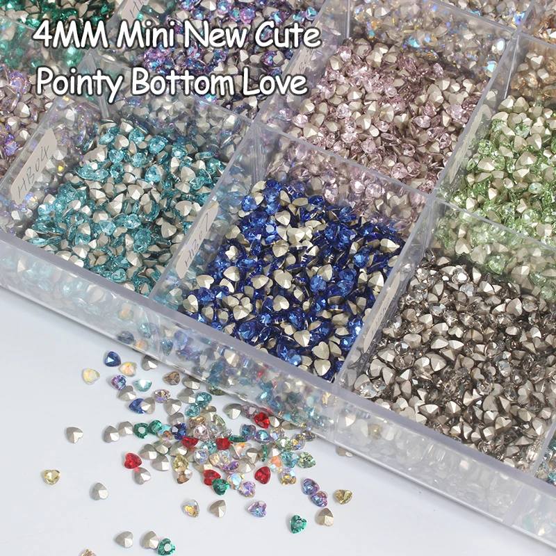 30/100Pcs New 4MM Mini Pointed Bottom Heart Crystal Glass Nail Art Rhinestones 16 Color 3D Fingernail DIY Decoration Accessories