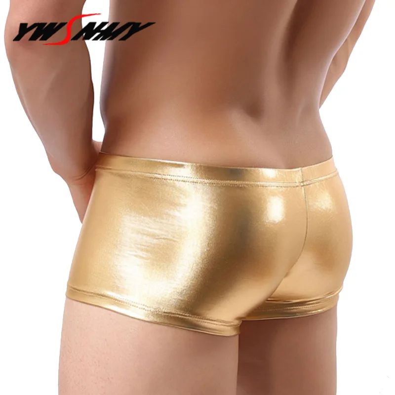 Sexy Men Boxers Male Panties Faux Leather Underwear Men U Convex Underpants Fashion Gold Silver Nightclub Stage Show Boxershorts