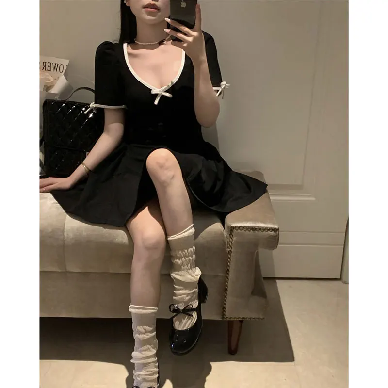 Summer Sweet Y2k Black Mini Dress Sexy V Neck Women Party Backless Bow Dress Retro Hollow Out  Dress Korean Vestido Sundress